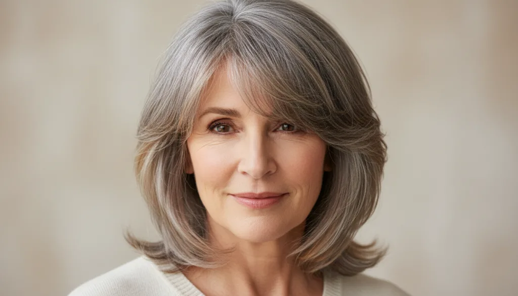 découvrez une coupe de cheveux mi-longue dégradée et effilée avec frange, parfaitement adaptée aux femmes de 60 ans pour un look élégant et moderne.